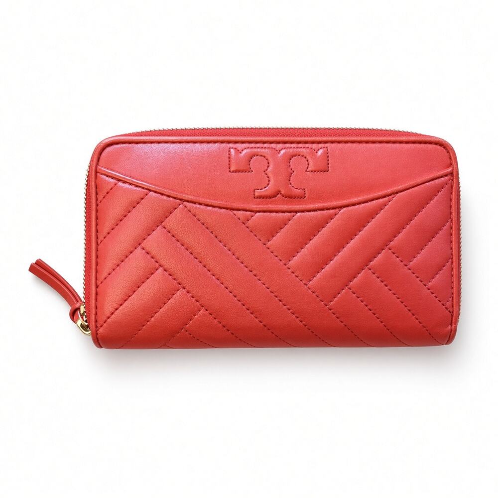 Tory Burch Kira Chevron Zip Continental Wallet Coral Red Leather
